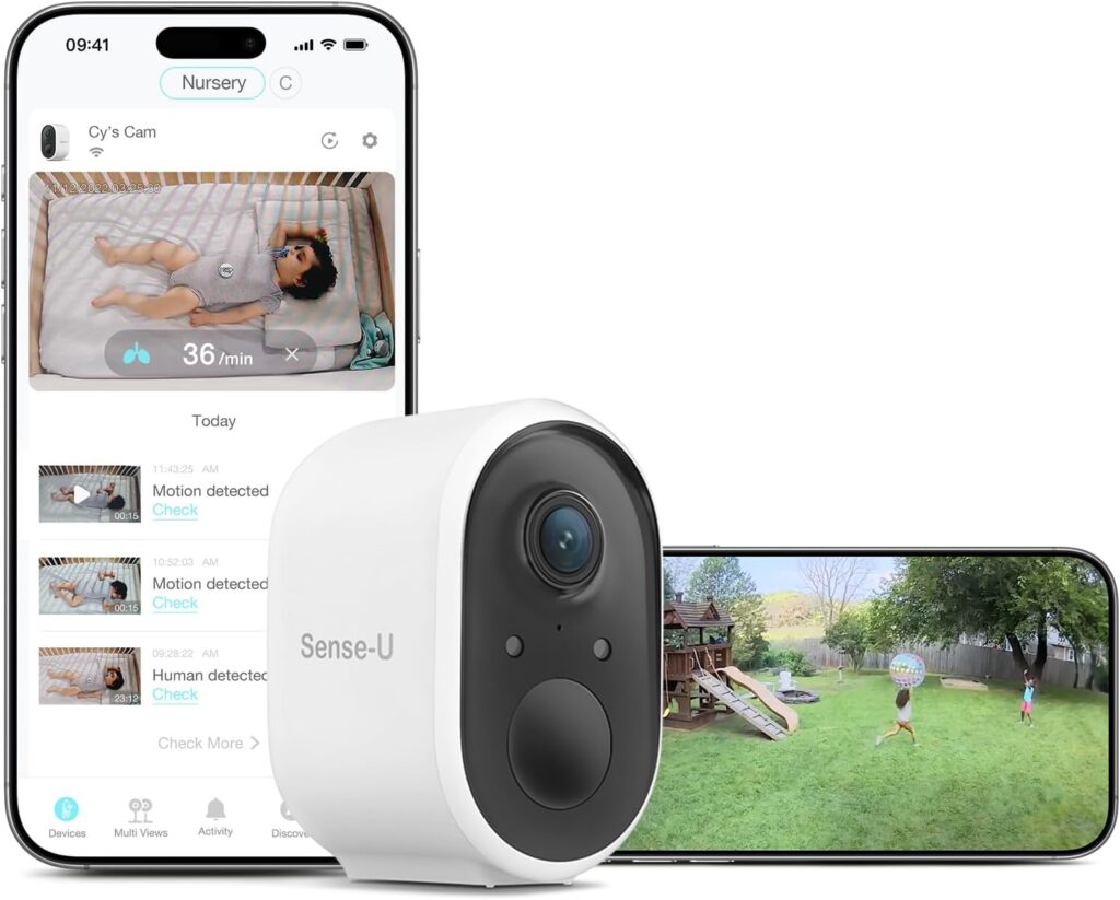 Sense-U Battery Baby Monitor Smart Security Camera, Indoor/Outdoor Use, AI Breathing Detection, 1080p Video Monitor, Weatherproof Wireless Camera, 2-Way Audio, No Monthly Fee