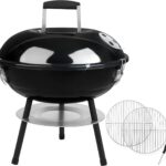 Charcoal Grill with 2 Grilling Racks, Joyfair 14 inch Small Portable BBQ Grill with Locking Lid for Outdoor Camping/Patio/Backyard Barbecue/Tabletop Cooking, Enamel Coated & Dual Vent System (Black)