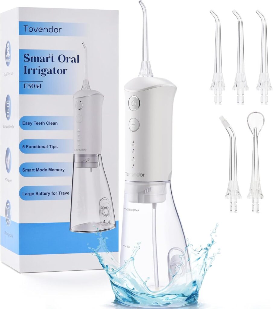 TOVENDOR Water Dental Flosser, Rechargeable Dental Oral Irrigator, 3 Modes, 5 Tips for Teeth Cleaning, Family Oral Health, Portable 300ML Large Water Tank Water Flosser, IPX7 Waterproof (White)