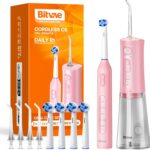 Bitvae Water Dental Flosser Teeth Picks, Cordless Water Flosser for Teeth, Braces, Dental Care and Rechargeable Rotary Electric Toothbrush Combo Set, 4 Tips, 4 Brush Heads, Waterproof, Pink, C5+R1