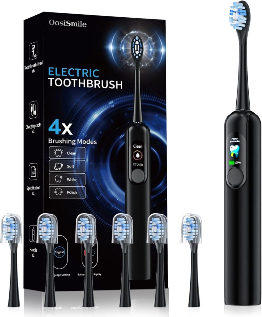Sonic Electric Toothbrush for Adults with LED Display – 38400 VPM Deep Clean, 6 Brush Heads & 45-Day Battery Life, IPX7 Waterproof, 4 Modes Rechargeable Toothbrush for Home/Travel