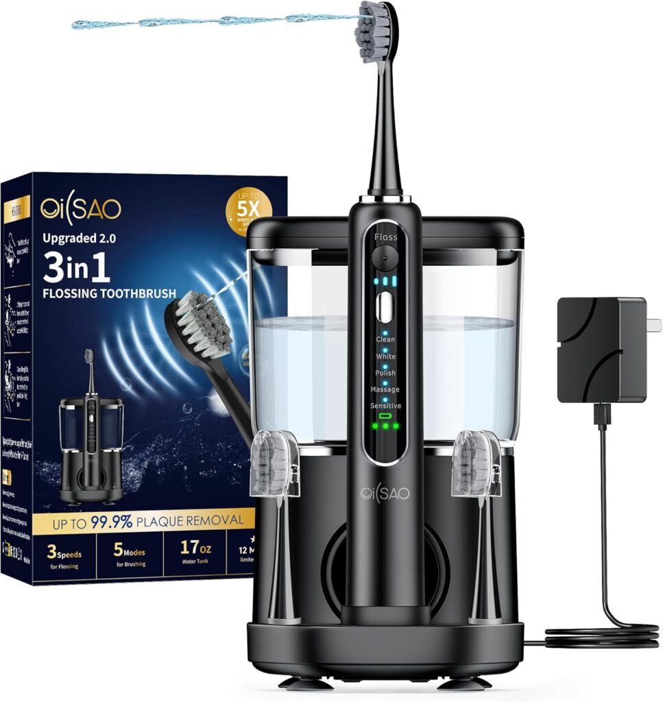 Electric Toothbrush with Water Flosser Combo in One, Professional Flossing Toothbrush for Teeth Cleaning and Flossing, Plaque Removal, Rechargeable, 5 Brush Modes & 3 Flossing Speeds, 500ML