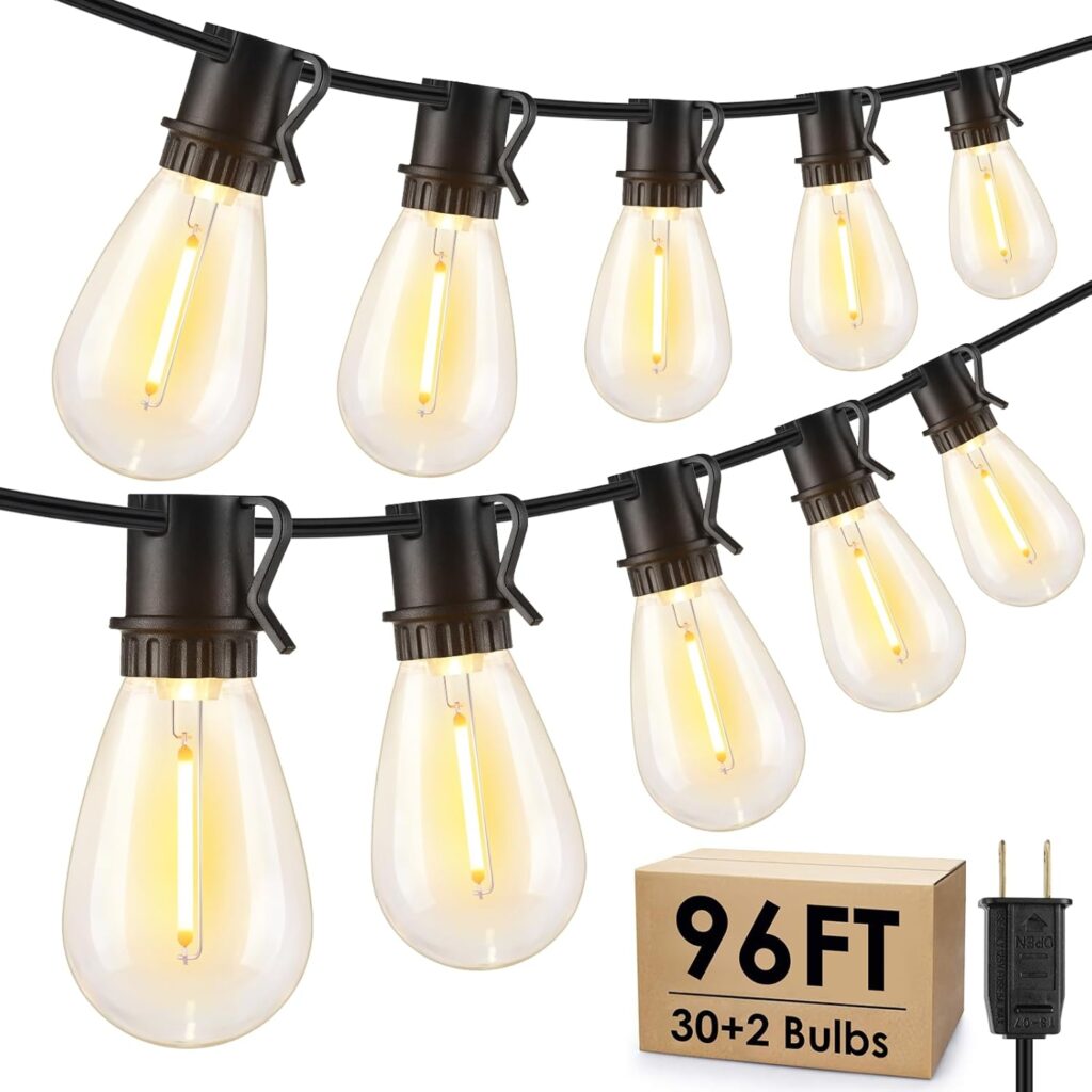 96FT LED Outdoor String Lights, Waterproof Patio Lights with 30+2 2700K Dimmable Shatterproof Edison Hanging Bulbs for Backyard Party-Black
