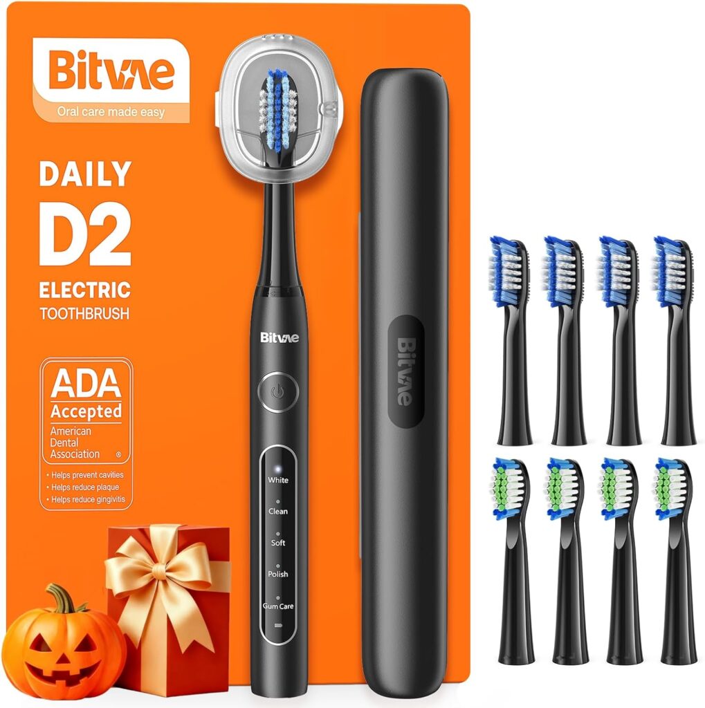 Bitvae ADA Accepted Electric Toothbrush, Travel Toothbrush Rechargeable for Adults and Kids, 60-Day Battery, 5 Modes, 8 Heads, Portable Travel Case & Holder, Shadow Black
