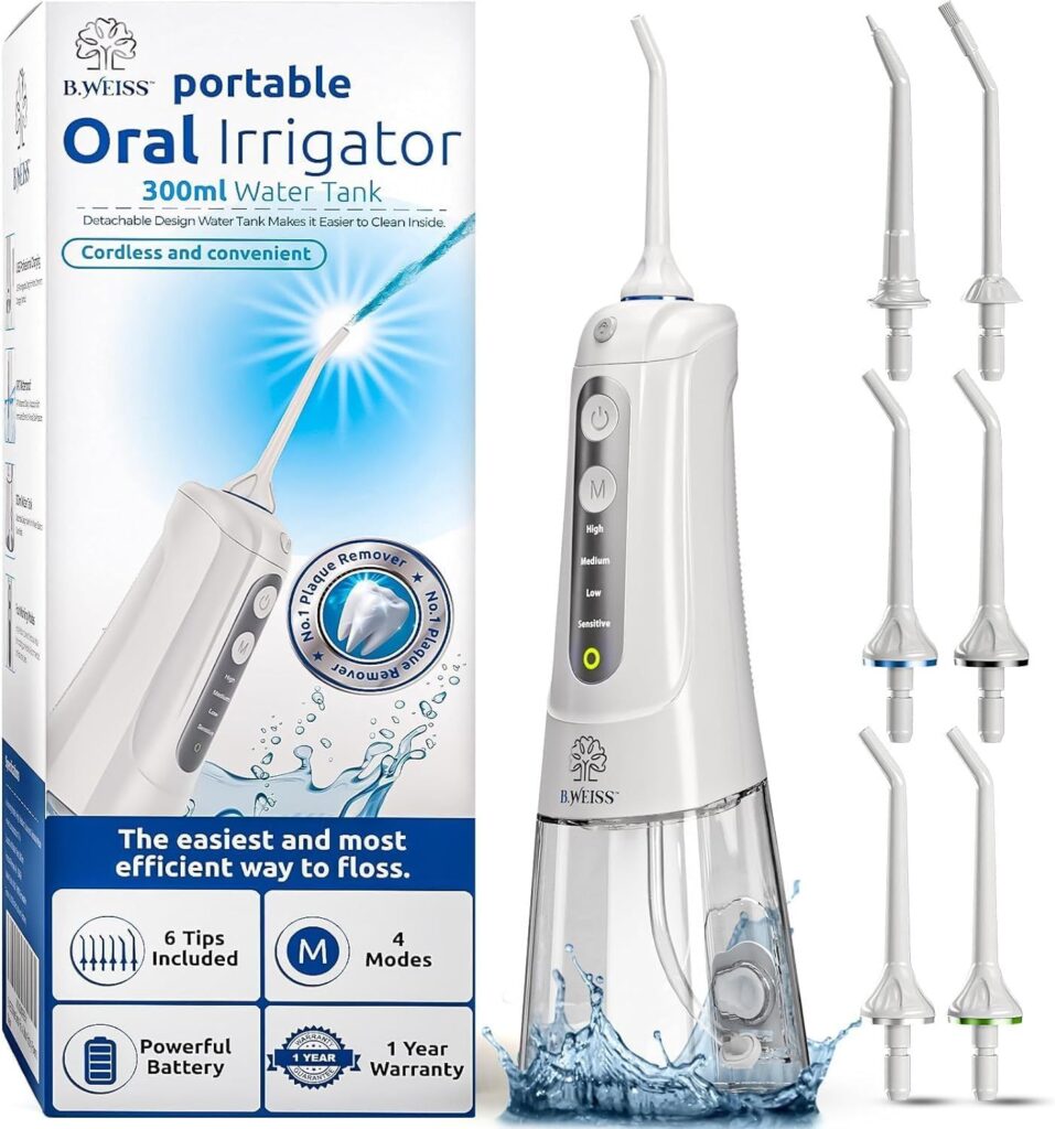 Water Flosser Cordless Pick for Teeth, 4 Modes, Gentle on Gums, Removes Plaque & Food Particles, B. WEISS High-Power, Rechargeable & Waterproof Oral Irrigator; 6 Tips Included, Porcelain White