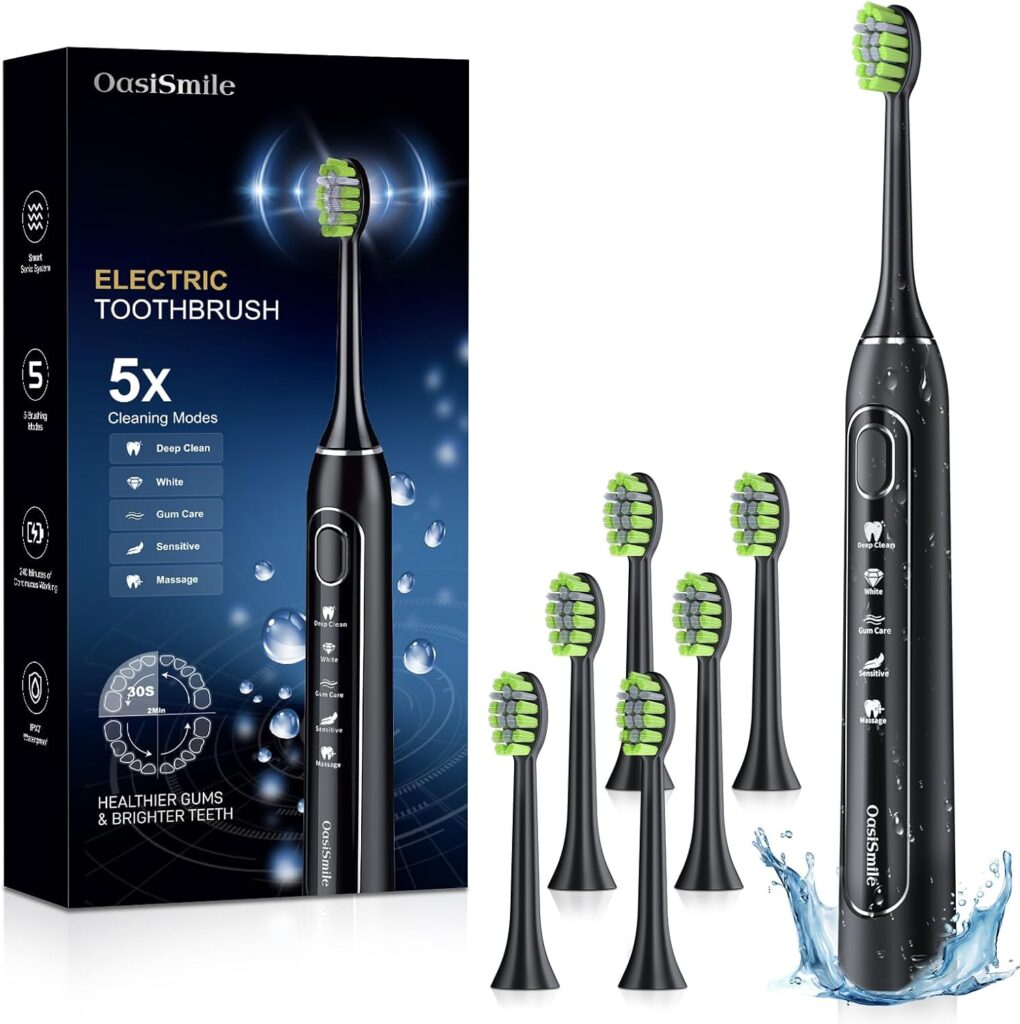 Sonic Electric Toothbrush for Adults: Deep Cleaning for Travel & Sensitive Teeth – Rechargeable Toothbrush with 6 Brush Heads, 42000 VPM, 5 Modes, 100 Days Battery Life for for Home Family