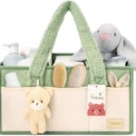 YOSING Diaper Caddy Organizer with 13 Pockets & Removable Dividers – Portable Baby Storage Basket for Nursery, Car Travel & Newborn Essentials, Green+ White