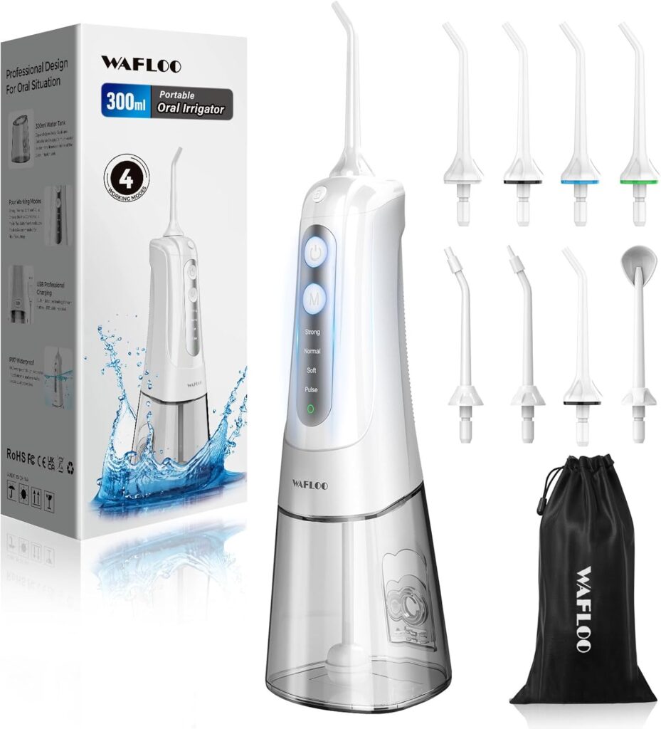 Cordless Water Dental Flosser for Teeth, with 8 Jet Tips, 300ML Tank Oral Irrigator Portable with 4 Modes IPX7 Waterproof Rechargeable Water Floss for Home Travel, Adults Teeth Cleaning (White)