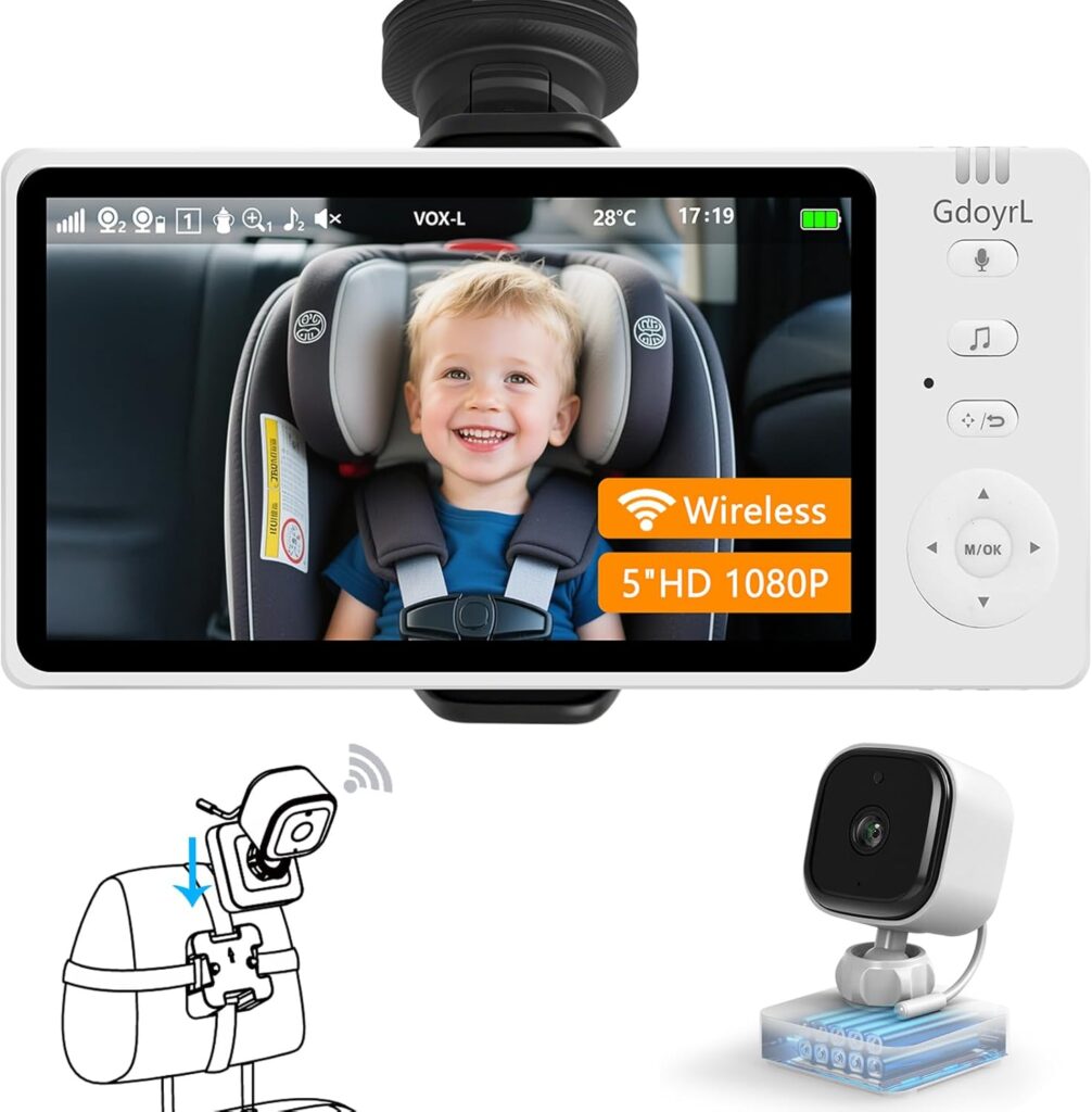 Wireless Baby Car Camera 5”HD 1080P IPS Anti-Glare Screen USB Powered,Temperature Alert, Clear Night Vision & VOX Mode,360° Rotatable Rear Seat Monitor for Baby,Car Backseat,Home,Pets