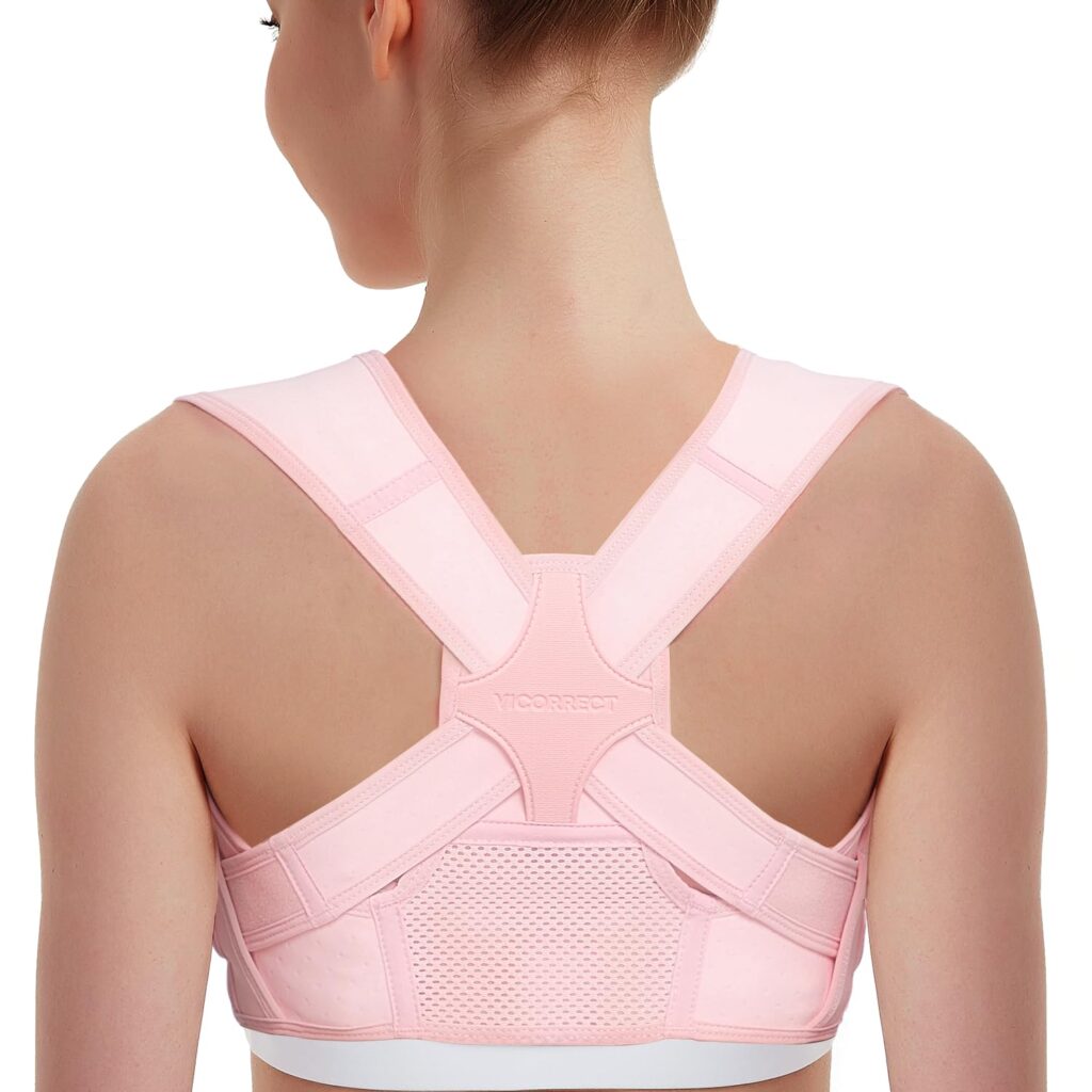 Vicorrect Posture Corrector for Women and Men: Adjustable Brace Straps for Upper Back Pain Relief and Shoulder Support (Pink, S/M)