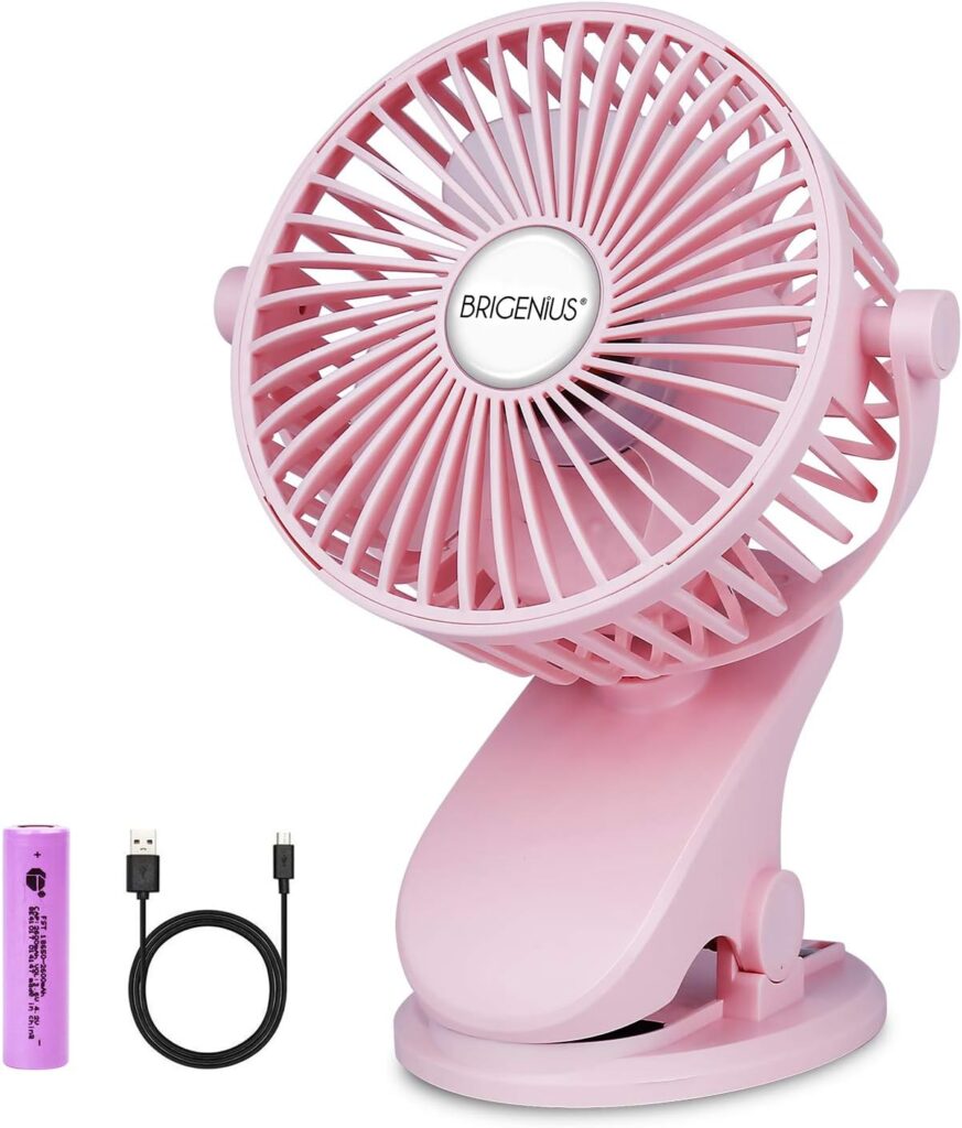 Battery Operated Clip on Stroller Fan, Portable Mini Desk Fan Rechargeable, USB Powered Clip Fan for Baby Stroller Office Outdoor Travel, Pink