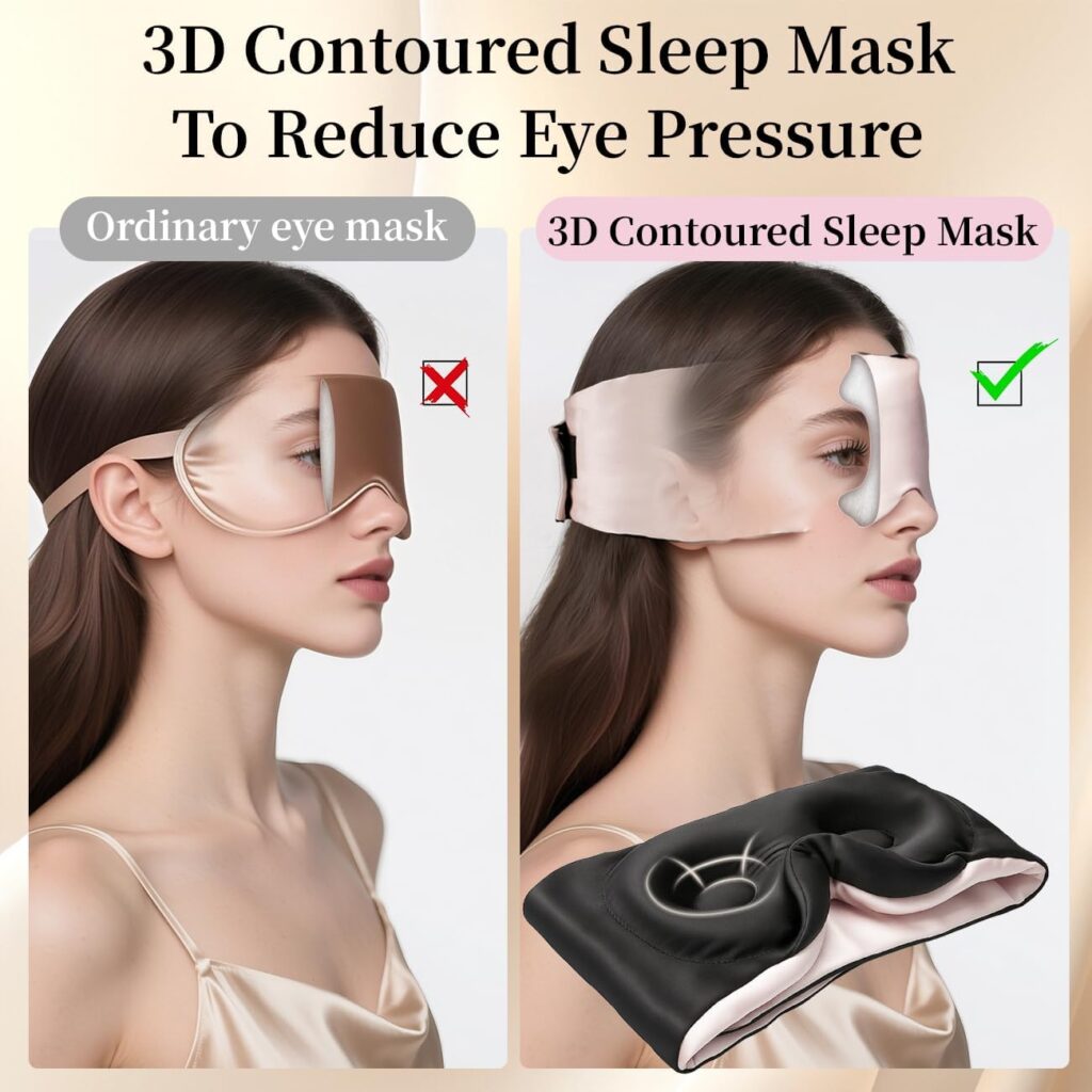 USlixury Silk Sleep Mask, 3D Contoured Sleeping Masks, Blackout Sleep Masks for Women with Nose Wing,100% Mulberry Silk, Face-Hugging Non-Slip SLEP Mask for Side Sleeper, 27.5×4.5”, Pink