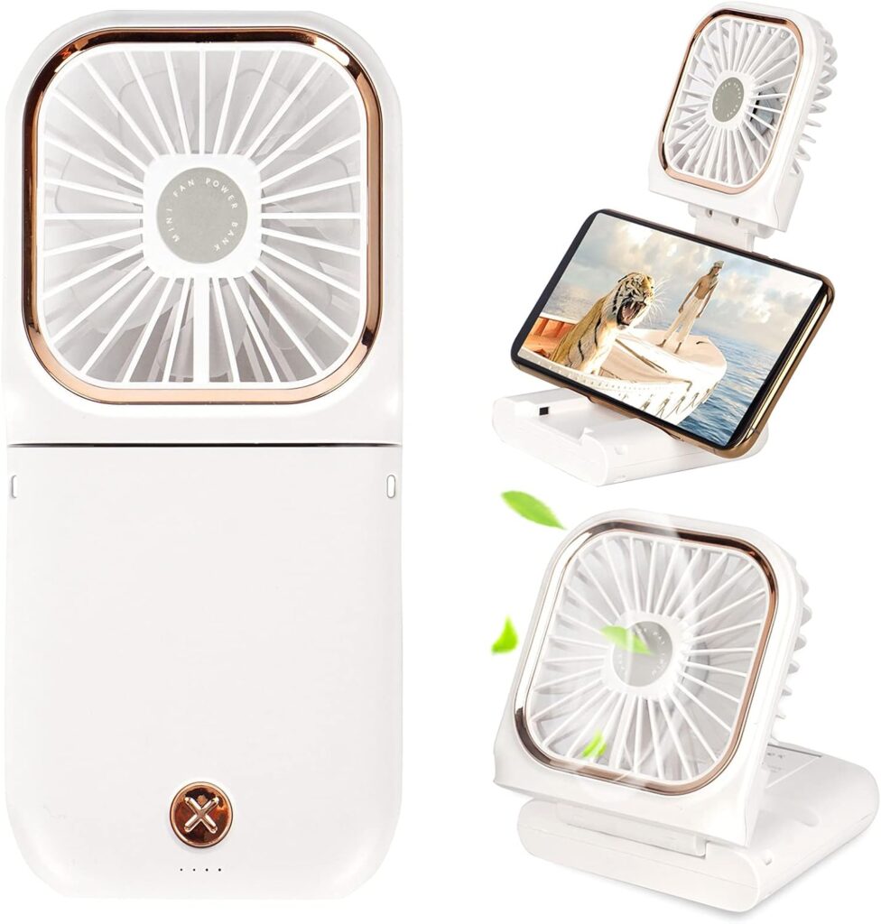 Portable Mini Fan Small Battery Operated Fan 5 in 1 as Power Bank,Phone Holder,Handheld Fan,Desk Fan, USB Rechargeable Personal Hand Fans,3000 mAh Power Bank,3 Speed Adjustable, Neck lanyard, White