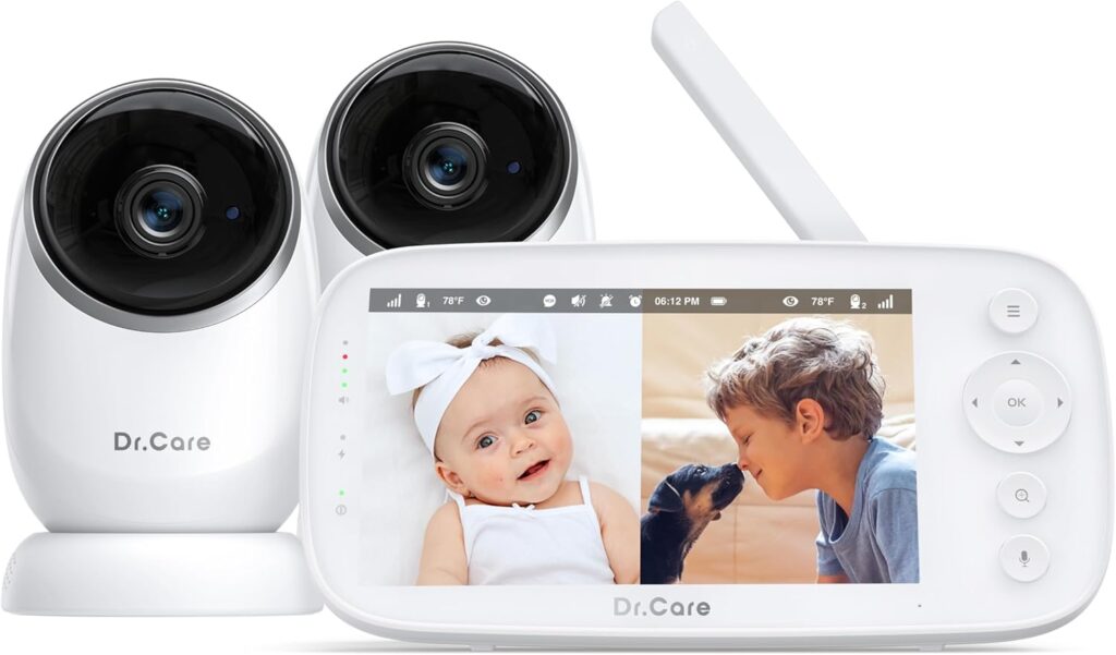 Dr.Care NovaView Video Baby Monitor with 2 Cameras – 5” 1080P HD Screen, Ultra-Low Radiation, 5000mAh Battery, Night Vision, Real-Time/VOX, 2X/4X Zoom, Pan & Tilt, 1000ft Range, 2-Way Audio, No WiFi