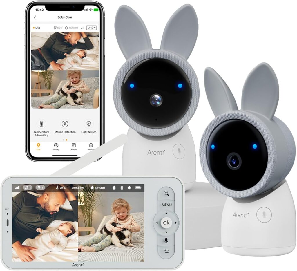 ARENTI Baby Monitor with 2 Cameras, Cry&Motion Detection, 2K Smart Baby Camera with 5” Upgraded Wireless Display, 2 Way Audio, Super Night Vision, Lullabies, Breathing Light, Temp&Humidity Sensor
