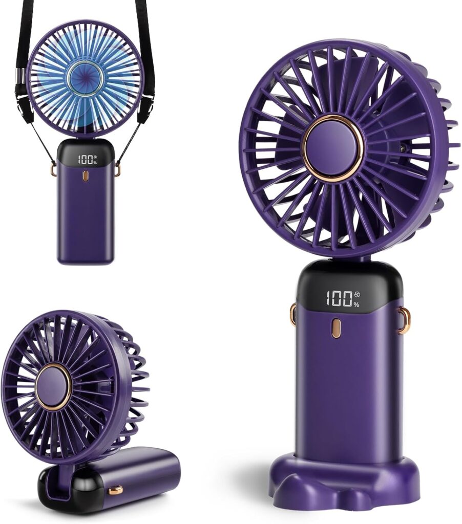 Portable Handheld Fan, 12 hours, Upgrade 3200mAh Portable Fan with LED Display, 90° Foldable, 5 Speed Wind,Hand Held/Neck/Desk 3 in 1 Personal Small Fans, Makeup Fans for Women (Purple)