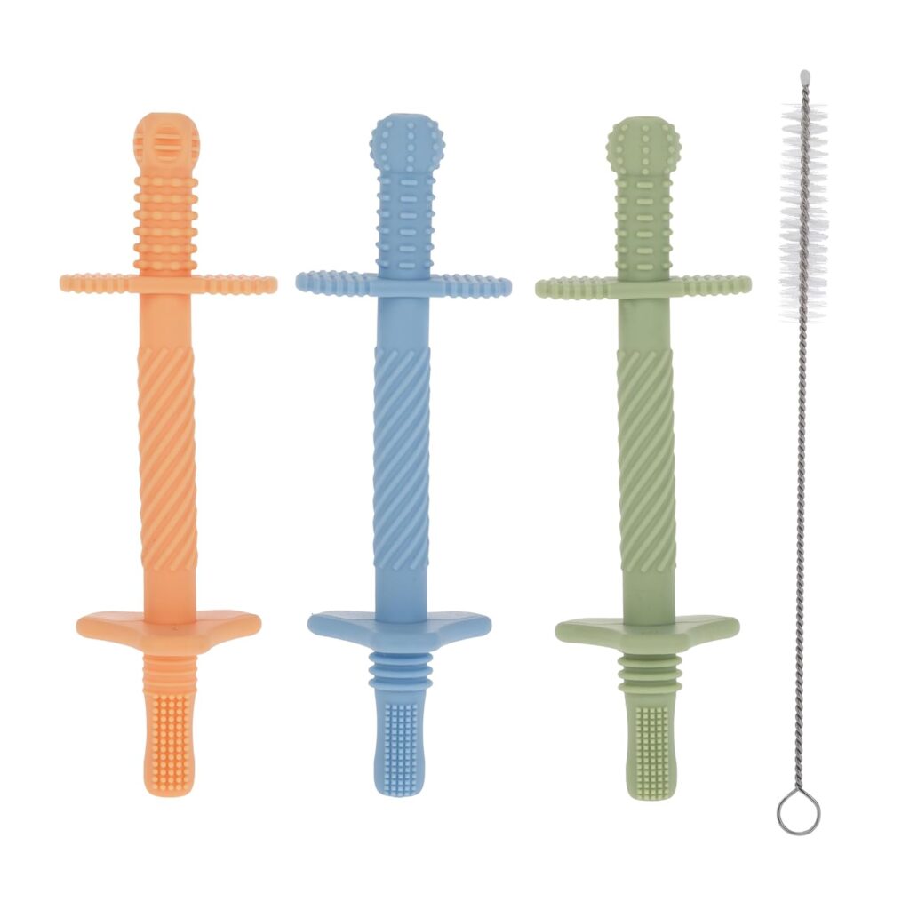 Nuby Sensory Silicone Tube Teethers – (3 Pack) Textured Infant and Baby Teether Toys – 3+ Months – Orange, Blue, and Green