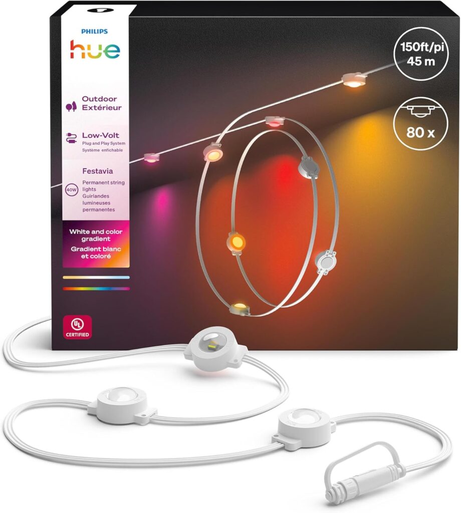 Philips Hue Festavia 150ft Permanent Outdoor String Lights, 80 Dimmable Lights, 55 Lumens Each, Weatherproof, Water-Resistant, White Wire, Color Ambience, Bridge Required