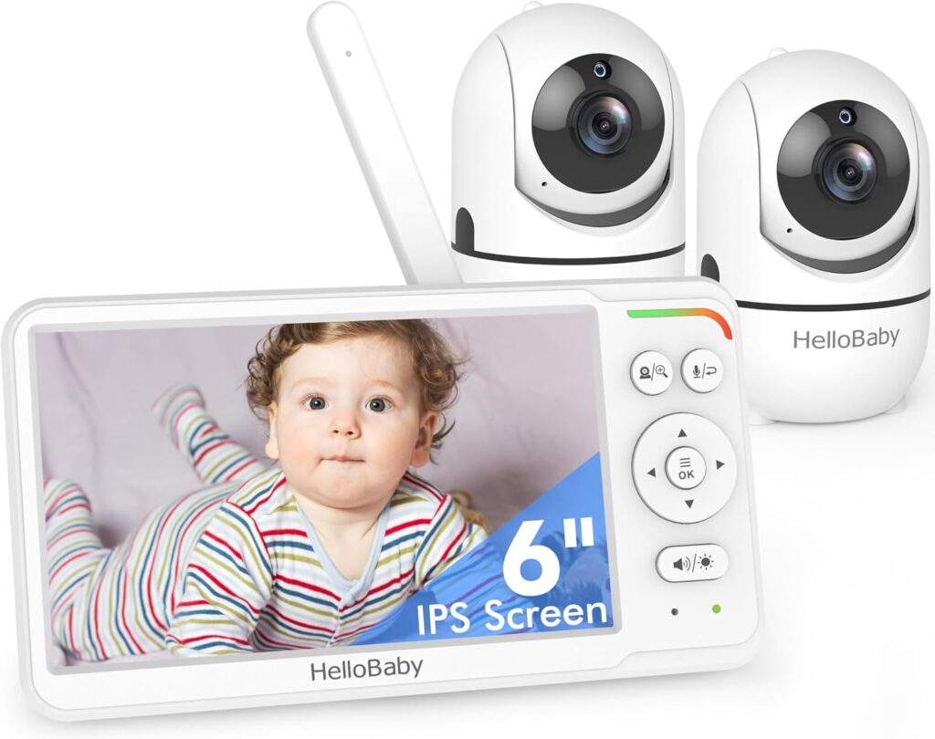 HelloBaby Baby Monitor with 2 Cameras, World First 6″ IPS Split Screen, Display and Double Cameras, No WiFi, 30H Battery, 2-Way Audio, Pan-Tilt-Zoom, VOX Mode, Night Vision, 8 Lullabies, 1000ft Range