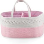 PandaEar Baby Diaper Caddy Organizer Cotton Rope Nursery Storage Basket Portable Car Organizer for Baby Shower Gifts Newborn Infants -Pink
