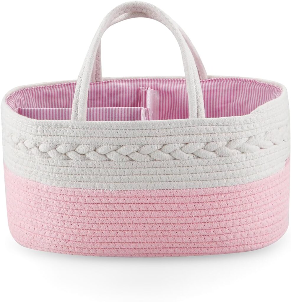 PandaEar Baby Diaper Caddy Organizer Cotton Rope Nursery Storage Basket Portable Car Organizer for Baby Shower Gifts Newborn Infants -Pink