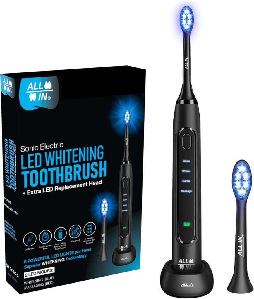 ALL-IN Sonic Electric LED Whitening Toothbrush – Blue & RED LED Light Technology – 4 Advanced Deep Cleaning Modes with a Timer, BPA Free and PHTHALATES Free – Replacement Heads are Coming Soon!