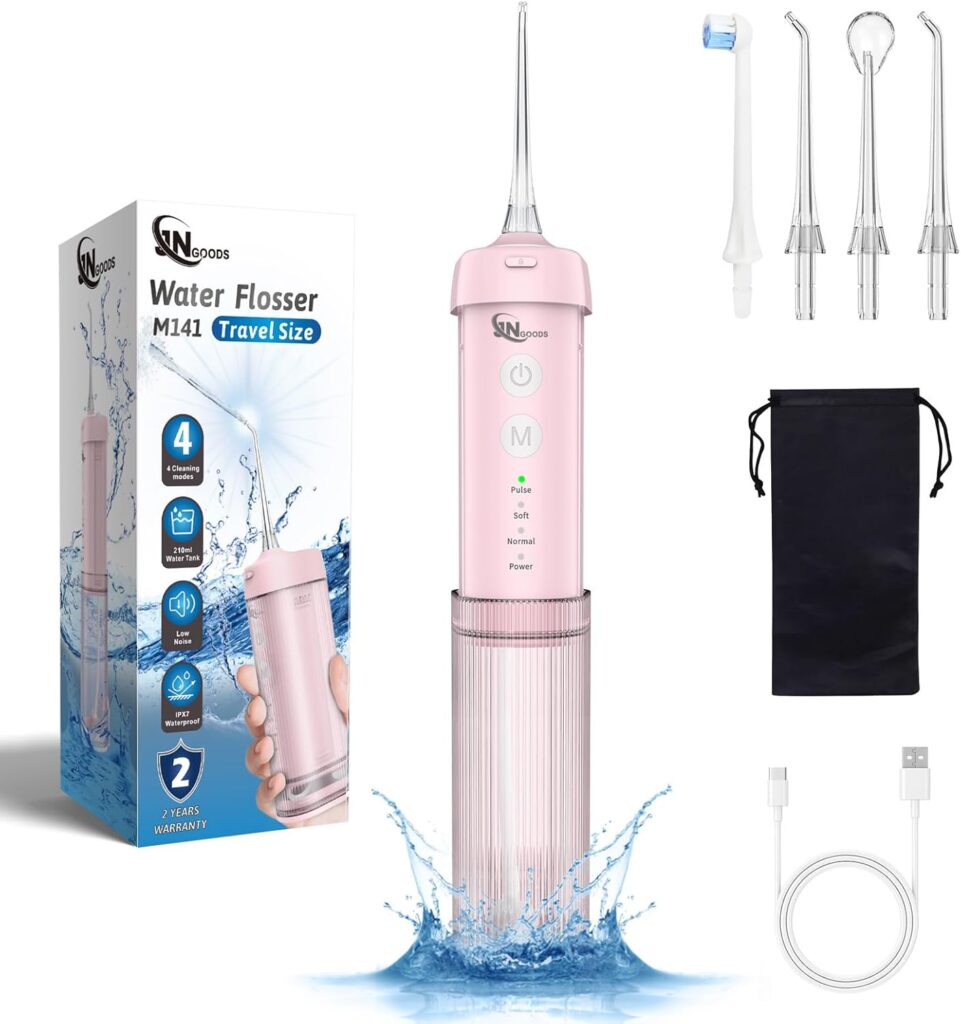 Mini Portable Water Flosser Oral Irrigator Water Teeth Cleaner Pick, Telescopic Water Tank, 4 Modes & IPX7 Waterproof, Home & Travel Water Flossers for Teeth, Braces Bridges Care. (Pink)