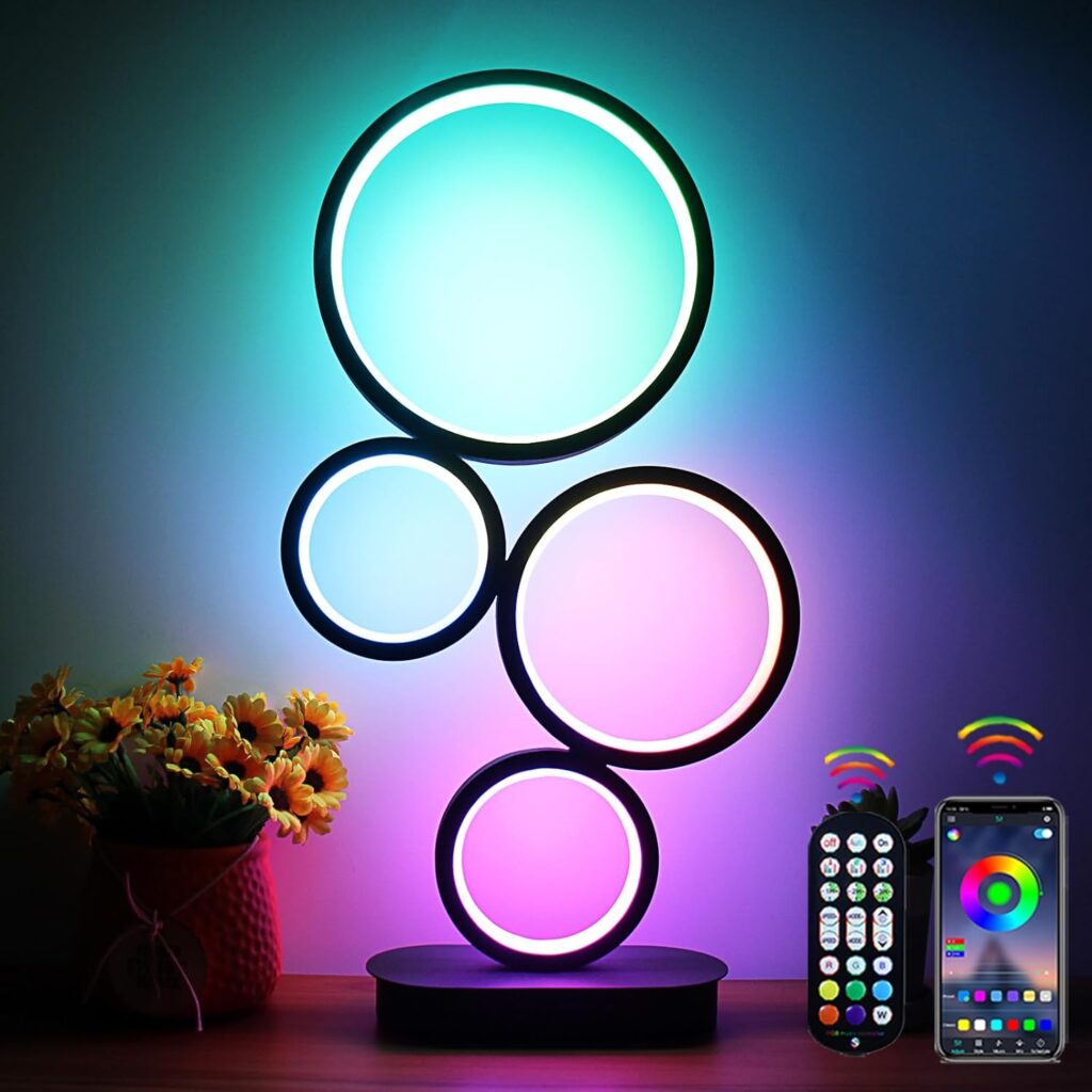 Modern RGB Table Lamp, Smart LED Table Lamps with Remote APP Control, Dimmable Nightstand Lamp for Bedroom, RGB Bedside Lamps with Music 16 Millions Lighting Modes for Living Room – Black