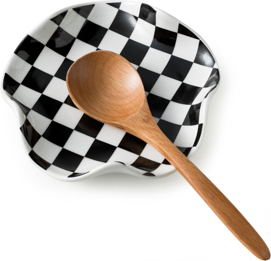 Spoon Rest for Stove Top, 5.3in Checkered Spoon Holder Utensil Rest, Ceramic Spoon Rests for Coffee Bar, Kitchen Gadget Cooking Gift for Housewarming