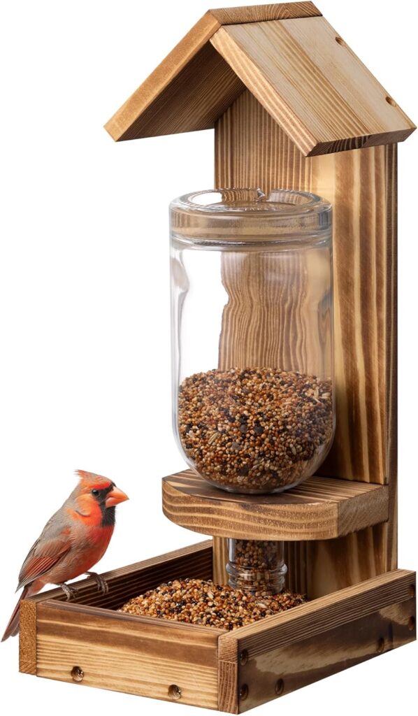 Navaris Bird Feeder with Glass Bottle – Hanging Glass Hummingbird Feeders for Outdoors – Sturdy Pine Wood & Removable Glass Bottle for Easy Refilling – Plastic-Free & Eco-Friendly