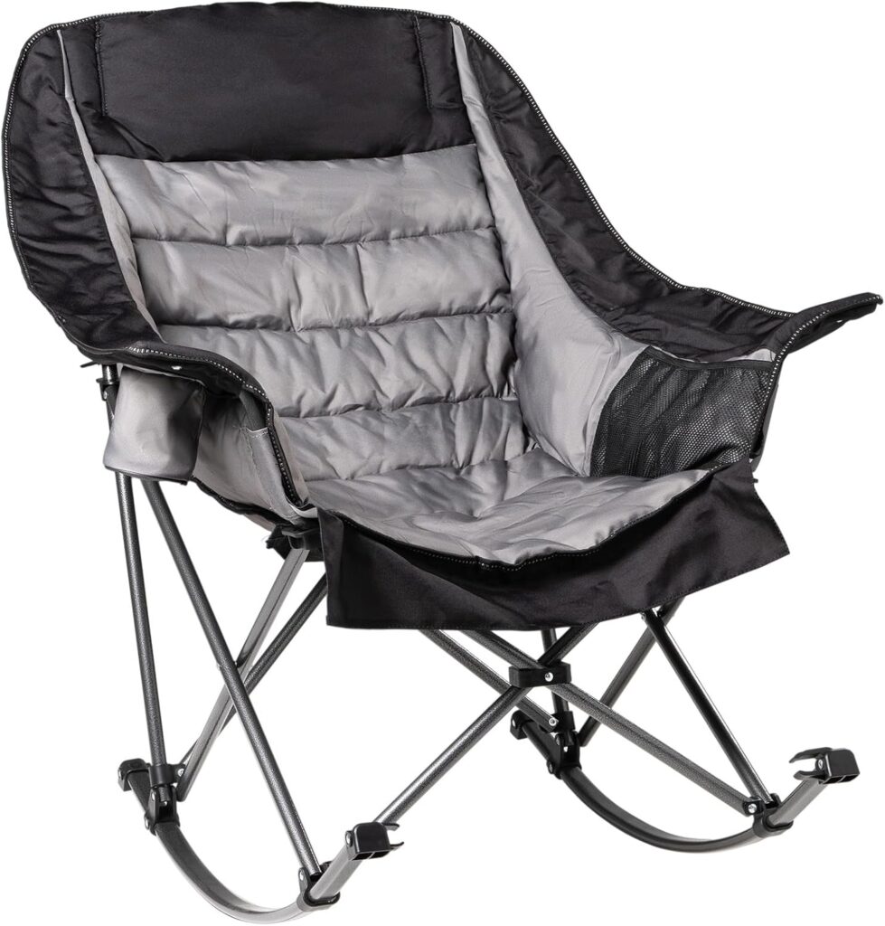 Oversized Rocking Camping Chair for Adults – 400lbs Capacity Padded Camp Chair with Cup Holder, Portable Foldable Outdoor Rocker Chair for Camping, Backyard, Patio (Black & Gray)