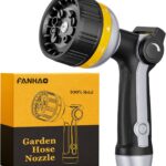 FANHAO Heavy Duty Garden Hose Nozzle, Metal Water Hose Sprayer with 10 Spray Patterns, Thumb Control, On Off Valve, High Pressure Water Nozzle for Plants Watering, Car and Pet Washing, Yellow