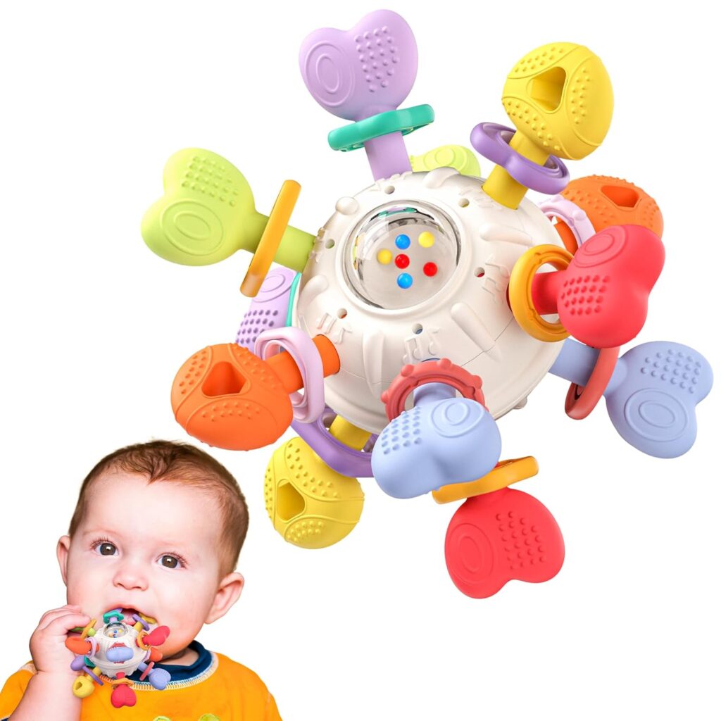 Baby Teething & Rattle Montessori Toys – Safe, Multi-Functional BPA-Free Silicone Sensory Learning Teether Toys for Infant 0-12 Months–Teething Relief & Fun Play – Perfect Baby Gift for Boys & Girls