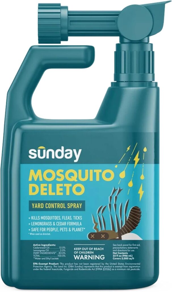 Sunday Mosquito Deleto – Mosquito Repellent & Bug Control Spray – Concentrated Lemongrass & Cedar Oils – for Mosquitoes, Fleas, & Ticks – Lasts up to 4 Weeks – Hose-On Sprayer, 32 Fl Oz