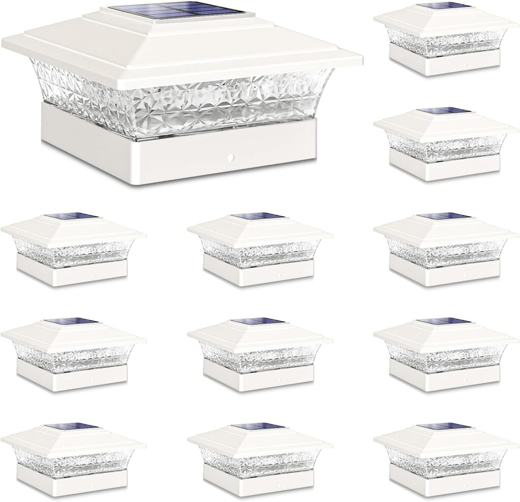 Solar Post Cap Lights Outdoor 12pack, Waterproof Fence Post Lights with 16 Ultra Bright LEDs Fit 4×4/5×5/6×6 Wood/Vinyl Posts, White Deck Post Lights with Warm/Cool White for Garden Patio Porch Yard