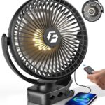 24000mAh Clip on Fan for Golf Cart – 8-inch Portable Rechargeable Fans – Max Up to 150Hrs Work Time – Battery Operated Fan with LED, Remote, Timers, Hook for Office, Desk, Camping, Tent, Treadmill