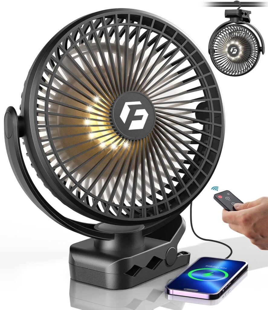 24000mAh Clip on Fan for Golf Cart – 8-inch Portable Rechargeable Fans – Max Up to 150Hrs Work Time – Battery Operated Fan with LED, Remote, Timers, Hook for Office, Desk, Camping, Tent, Treadmill