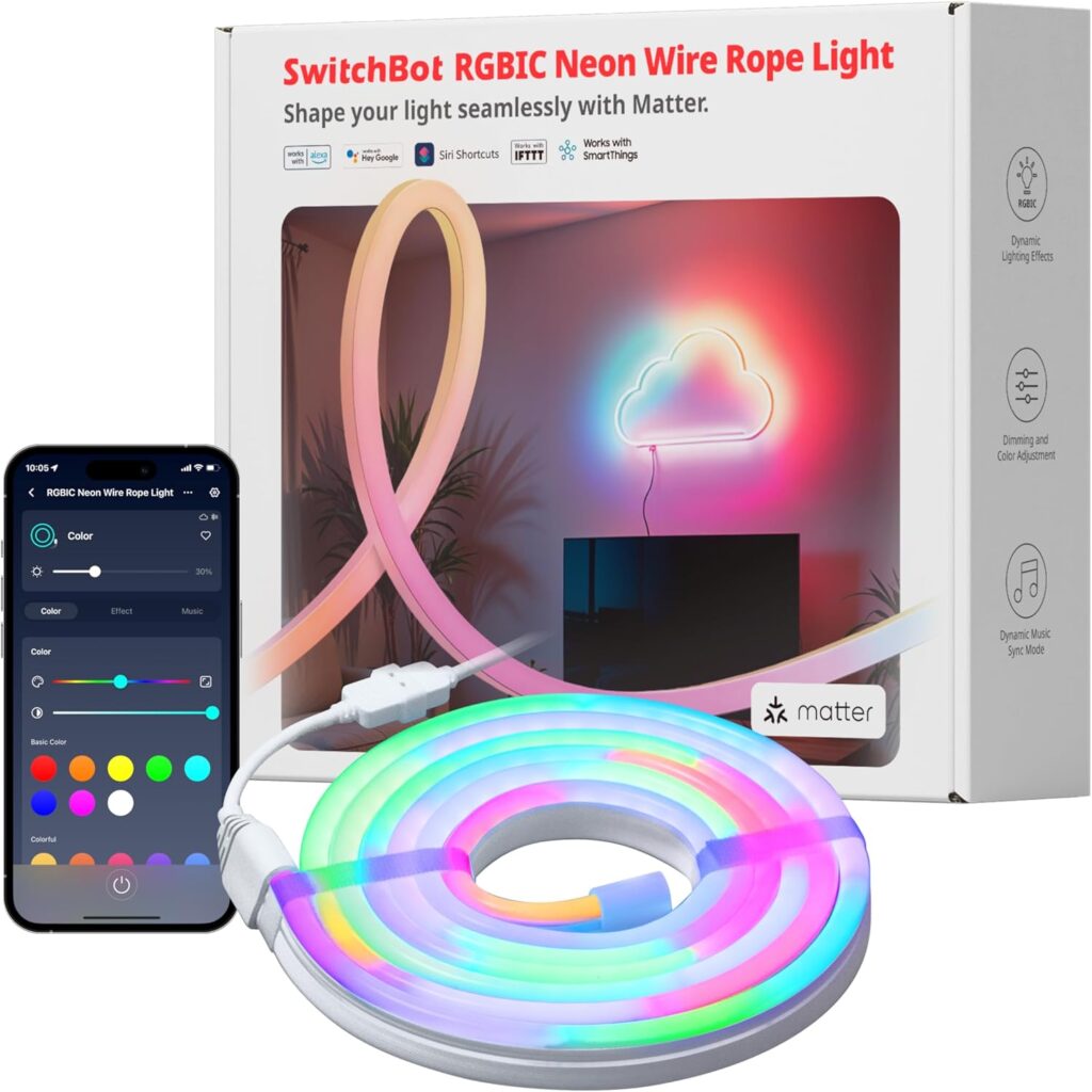 SwitchBot RGBIC Neon Rope Lights, Matter-Certified Wire Rope Light, DIY Flexible Steel-Core, Neon Lights for Wall & Bedroom, Works with Apple Home/Siri, Alexa & Google, Music Sync, 16M Colors, 6.56ft