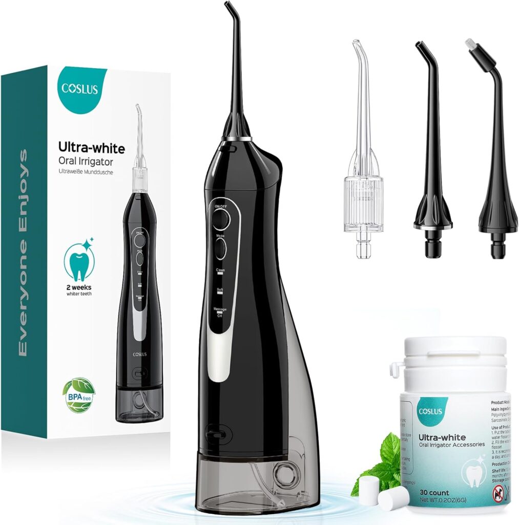 COSLUS Water Flosser Pick with 30pcs Whitening Mint Flavor Refill Combo for Teeth, Braces, Gums Care – Easy to Use, Portable for Coffee Lovers & Travel, Rechargeable, BPA-Free, Black, W40(F5020E)