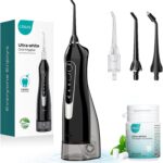 COSLUS Water Flosser Pick with 30pcs Whitening Mint Flavor Refill Combo for Teeth, Braces, Gums Care – Easy to Use, Portable for Coffee Lovers & Travel, Rechargeable, BPA-Free, Black, W40(F5020E)