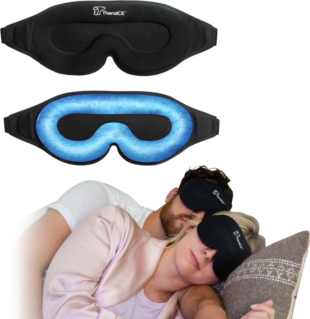 TheraICE Sleep Mask + Cooling Gel Relief – Sleep Eye Mask Blackout Blindfold Cold – 3D Contoured Relaxing No Pressure Eye Cover to Block Light for Comfortable Soothing Night Sleeping/Men & Women