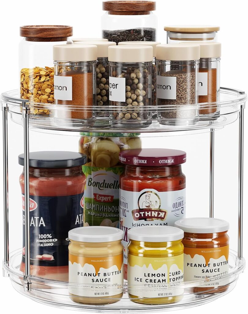 LAMU 2 Tier Lazy Susan Turntable Organizer 9.25” Rotating Spice Rack Organization for Cabinet, Kitchen, Pantry, Countertop, Bathroom, Vanity, Medicine Cabinet Organizer, Clear