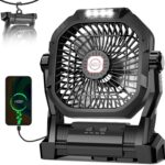 Camping Fan Rechargeable, 20000mAh Battery Powered Portable Fan with LED Light & Hook, 4-Speed 270° Adjustable, Camping Essentials for Tent, Travel, Car, Outdoor, Indoor, BBQ, Fishing, Jobsite