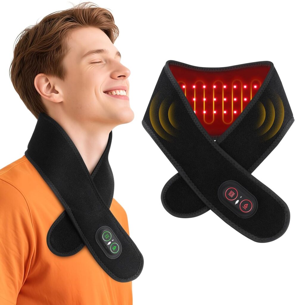 Cordless Neck Heating Pad for Pain, Neck Massager with 660nm 850nm Red Light, Heated Neck Wrap with 3000mAh Rechargeable, 3 Levels Heat & Massage, Black