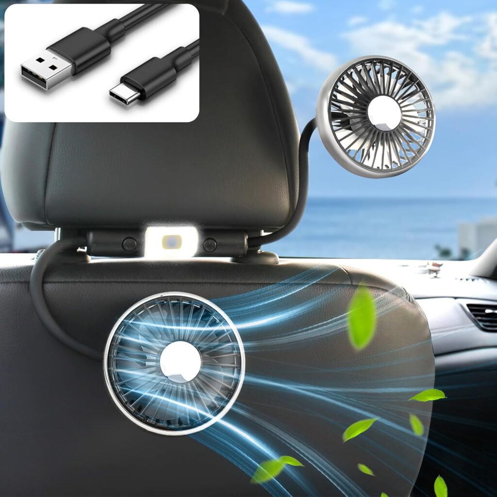 Hose Car Fan for Backseat Kids with Led Lights – USB Car Seat Fans for Baby – Independent Control 3 Speeds 360 Degree Rotatable for Vehicles RV SUV