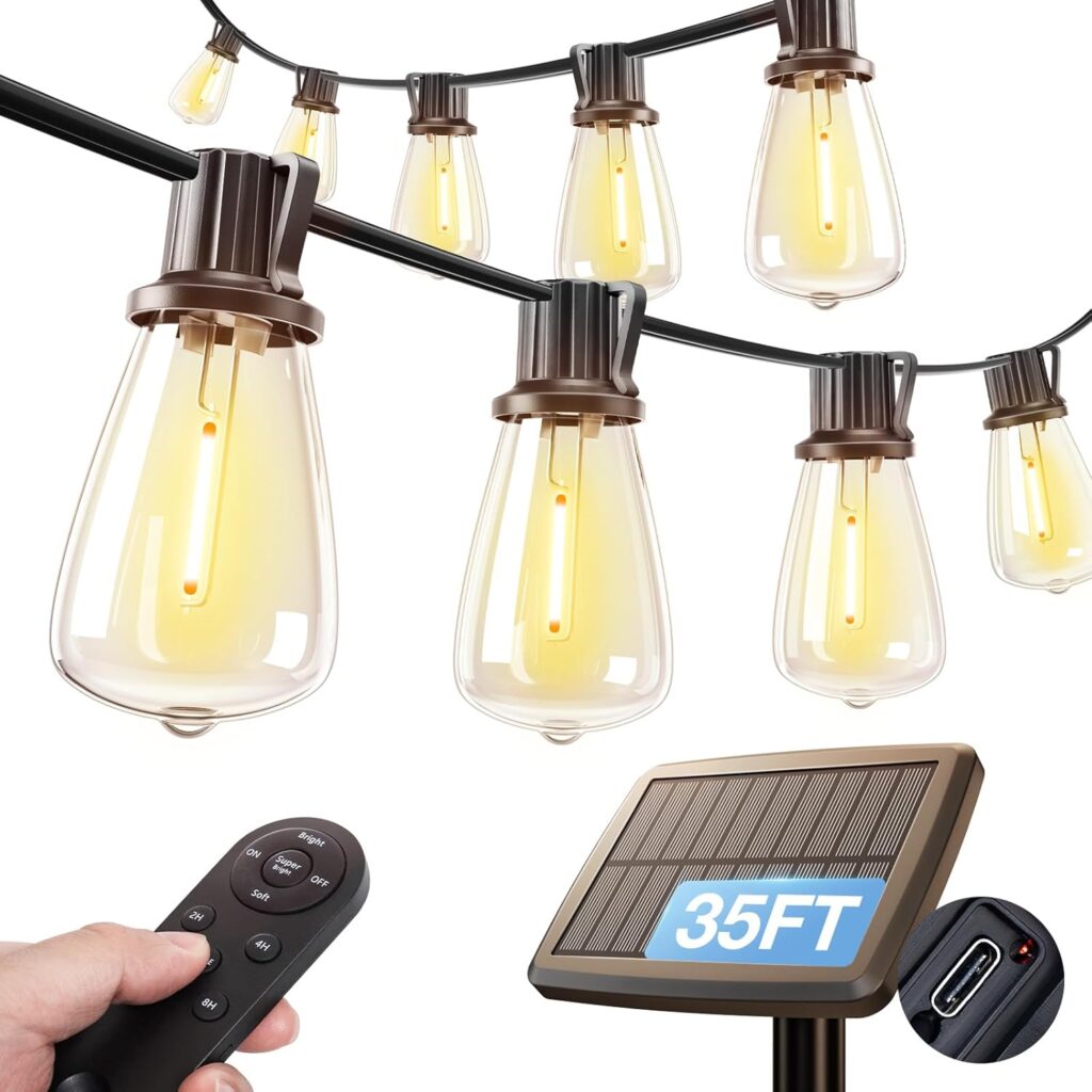 addlon 35FT Solar String Lights Outdoor, IP54 Waterproof Solar Powered with Remote & USB Port, 10+1 LED Shatterproof Bulbs, Dimmable Solar Light Outdoor for Camping Backyard Bistro Porch