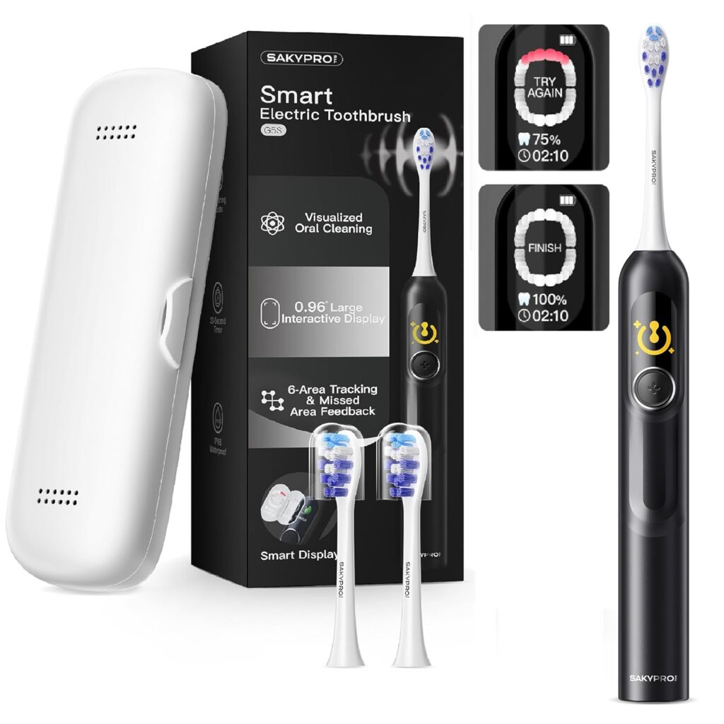 AI Electric Toothbrush with Smart Display for Adults Kids | 150-Day Rechargeable Toothbrush, Real-Time Map |3-Min Timer, Travel Case | Teens Sonic Toothbrush Gift (G5S Black)
