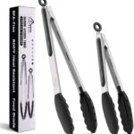 HOTEC Premium Stainless Steel Locking Kitchen Tongs with Silicon Tips, Set of 2-9″ and 12″