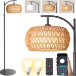 Boho Rattan Floor Lamp with Shade – 12W Bright LED Bulb, Adjustable Height 48-60 Inch, Remote Control 3 Color Temperatures, Handwoven Arc Standing Light for Living Room Bedroom