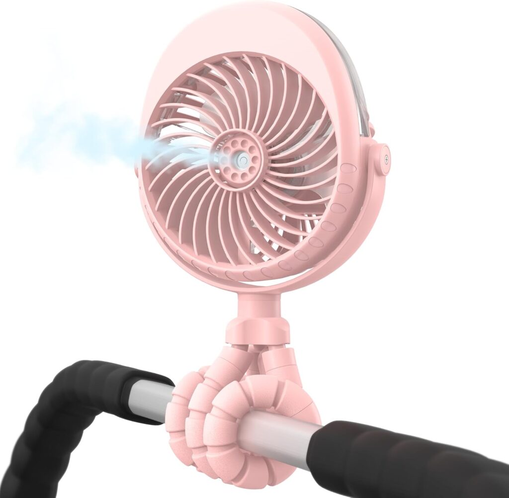 Portable Misting Stroller Fan, 4000mAh Battery Powered with 360° Pivot, Personal Mister Fan with Flexible Tripods for Cooling Outdoor Travel Office Wagon Crib Car Treadmill